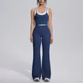 Women's two-piece navy blue color-block yoga set with high waist flared leggings. - S / Top And Bottom (7154) / Vest + Yoga Pants Set / Badge Blue