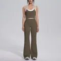 Two-piece contrast color ribbed yoga set with high waist flared leggings - S / Top And Bottom / Coffee