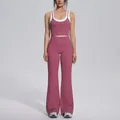 Two-piece ribbed yoga set featuring high-waisted flared pants in mauve and white color block - S / Top And Bottom / Violet