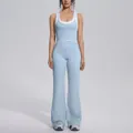 Light blue ribbed yoga set with high waist flared pants and color-blocked tank top. - S / Top And Bottom / Mist Blue
