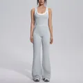 Stylish light grey contrast ribbed yoga set with high waisted flared leg gym trousers - S / Top And Bottom / Clay Grey