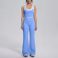 Light blue ribbed high-waisted yoga set featuring flared pants and white sports bra detail - S / Top And Bottom / Sky Blue