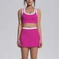 Vibrant pink and white contrast rib-knit high waist yoga skort and sports bra set for fitness - S / Top And Bottom / Dragon Fruit