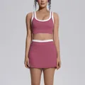 Professional dusty rose two-piece yoga set with white trim sports bra and active skirt - S / Top And Bottom / Violet