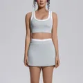 Two-piece grey color-block ribbed yoga set featuring a sports bra and high-waisted skirt - S / Top And Bottom / Clay Grey
