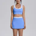 Two-piece contrast color ribbed yoga set with high waist sports bra and skirt in sky blue - S / Top And Bottom / Sky Blue