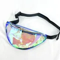 Detail view of holographic iridescent PVC fanny pack with gold zippers and black strap. - Holographic Transparent