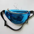 Close-up detail of the vibrant blue laser holographic finish on the sporty waist bag - Blue PU
