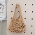 Sac à main en corde de coton tressé à la main beige avec un design en filet évidé. - Base 20cm x Hauteur Totale 33cm / Kaki