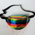Detailed view of the vibrant holographic rainbow fanny pack with glossy PVC finish. - Rainbow PU