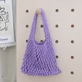 Sac en filet en corde de coton violet tissé à la main pour les vacances d'été à la mer - Base 20cm x Hauteur Totale 33cm / Violet