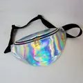 Trendy holographic iridescent fanny pack with neon reflective finish and black strap - Silver PU