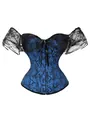 Vooraanzicht van een koningsblauw vintage korset met elegante zwarte kanten mouwen. - Zwart Blauw