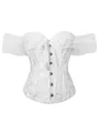 Detail van wit off-shoulder damast korset met kanten mouwen en busksluiting vooraan - Wit