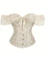 Vintage off-the-shoulder kanten gebloemd korset top in een champagne witte afwerking. - Champagne