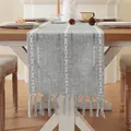Elegante camino de mesa gris de algodón y lino con textura hueca y borlas hechas a mano - 33*220cm / Gris