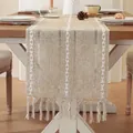 Rustic yellow linen table runner with white floral embroidery and handmade elegant fringes - Yellow