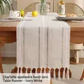 Premium linen cotton table runner with handcrafted hollowed-out lace and tassels in ivory white color - Ivory
