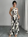 Combinaison dos nu imprimé vache élégante avec taille nouée et jambes larges - S / Haut Et Bas / Blanc