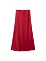 Elegante falda midi de satén rojo línea A con cintura alta y acabado de textura sedosa. - Rojo