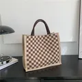 Stilvolle Canvas-Einkaufstasche für Damen mit braunem und beige kariertem Musterdesign - Khaki Karierter Stil / Khaki