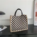 Klassische Einkaufstasche aus Sackleinen mit schwarz-beige Karomuster und Stoffgriffen - Schwarz und Gelb Schachbrett Stil / Schwarz und Khaki