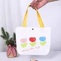 Weiße Canvas-Einkaufstasche mit gelben Griffen und bunten Tulpen-Print - Drei Blumen Druck / 27*22*10cm