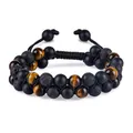 Bracelet tressé double rang avec œil de tigre naturel, lave et perles d'agate noire mate. - Style Pierre de Lave Mate / Oeil de Tigre-Pierre de Lave-Noir Mat