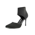 Detailed view of black pointed-toe knitted stiletto heels with cutout design - US5 / Black