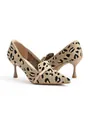 Close-up view of elegant leopard print fly-knit pointed-toe heels with metal buckle. - 35 / Leopard Print