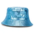 Close-up detail of metallic blue patent leather reversible bucket hat with stitch brim - One Size / Cyan Blue (Reverse Black)
