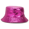 Detailed view of fuchsia metallic patent leather reversible bucket hat texture - One Size / Rose Red (Reverse Black)