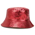 Macro detail view showing the metallic red shiny texture of this unisex bucket hat - One Size / Red (Reverse Black)