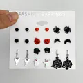 Gothic Halloween earring set featuring ghosts, spiders, and pumpkins on display card - White K Black and White Mixed Set (A-1137) / 9 Pairs Set