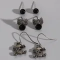 Gothic Halloween earring set featuring spider, skull, and black bead studs - Spider Skull Retro Earring Set (1956) / 3 Pairs Set / Bright Black