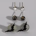 Detailed close-up of a Halloween earring set featuring glittery bat over moon studs - Black Bat Rhinestone Stud Set (2334) / 3 Pairs Set / Black