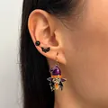 Spooky Halloween gothic witch hat and black bat earring set worn on an earlobe - Witch Style and Stud Earrings Set (H-224) / 3 Pairs Set