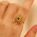 Gold-plated stainless steel ring with sunburst design and central tiger eye stone - Gold Starburst Tiger Eye Ring Style (G-461)