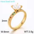 Elegant gold stainless steel zircon ring featuring vibrant rainbow side stone accents - Multi-colored Zirconia Style (KR115986-GC)