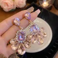 Eleganti orecchini pendenti a goccia con cristalli viola e champagne, finitura oro - Stile Ametista (11#)