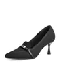 Detailed side view of black breathable fly-knit pointed-toe pumps with metal buckle. - 35 / Black