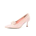 Side view of elegant pink lace pointed-toe high heels with a decorative bow detail - 6 / Nude Pink