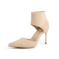 Detailed side view of beige pointed-toe fly-knit high heels with hollow-out design. - US5 / Apricot