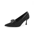 Detailed side view of elegant black lace pointed toe pumps with bow strap - 6 / Black