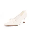 Elegant French-style white lace pointed-toe high heels featuring decorative bow details - 6 / White