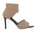 Beige fly-woven peep-toe high heel sandals featuring elegant black stiletto heels for women - US5 / Khaki