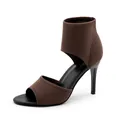 Brown fly-knit peep-toe stiletto sandals with elegant cut-out design and high heels. - Light Coffee