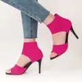 Vibrant hot pink fly-knit peep-toe stiletto high heel sandals for women - Rose Red