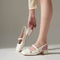 Elegant white square toe Mary Jane slingback sandals with chunky heels and gold buttons. - 35 / White