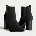 Professional photo of elegant black suede pointed toe ankle boots with block high heels - US6 / Black Suede Look